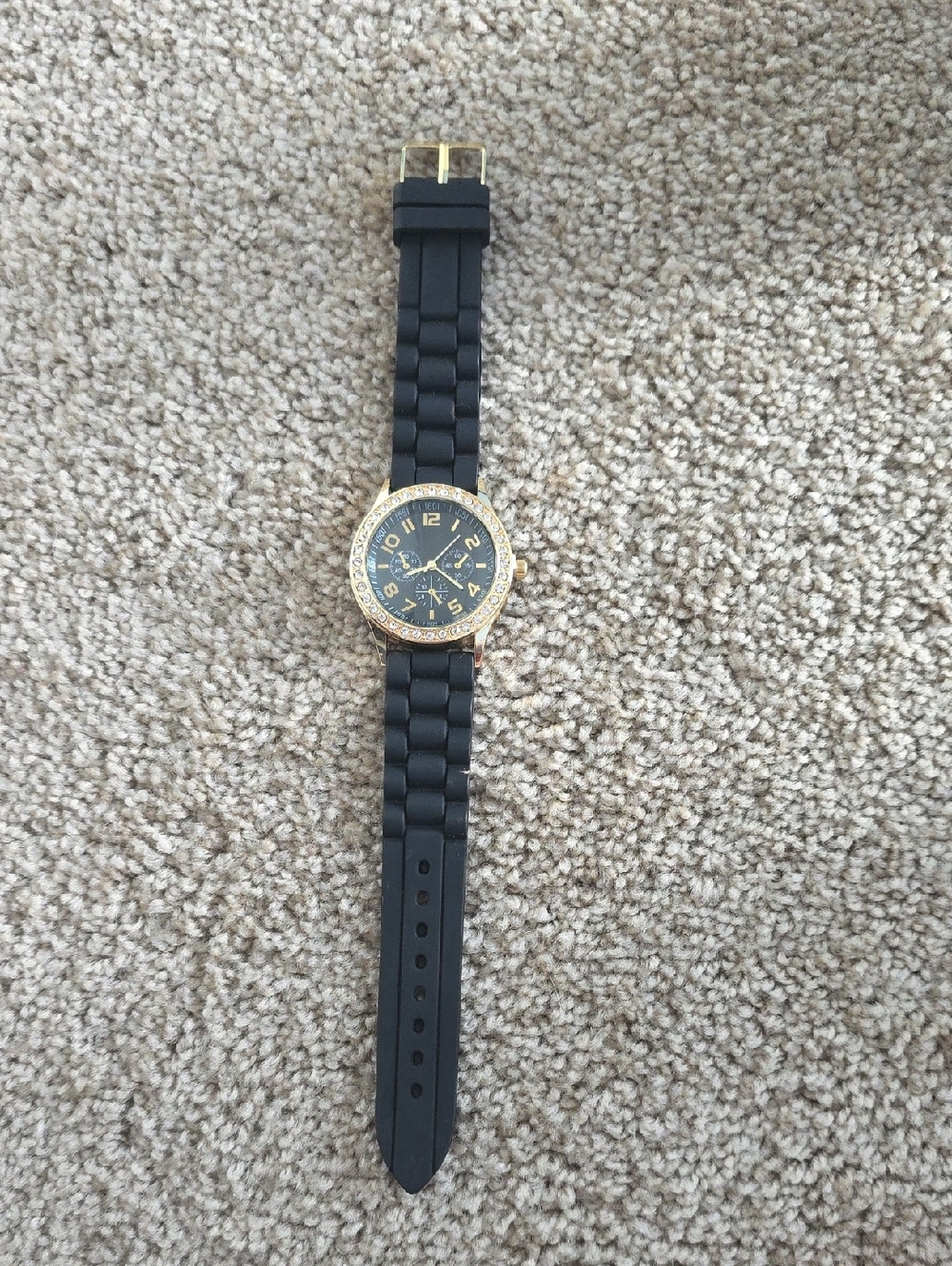 Black Silicone Strap Watch with Gold Accents